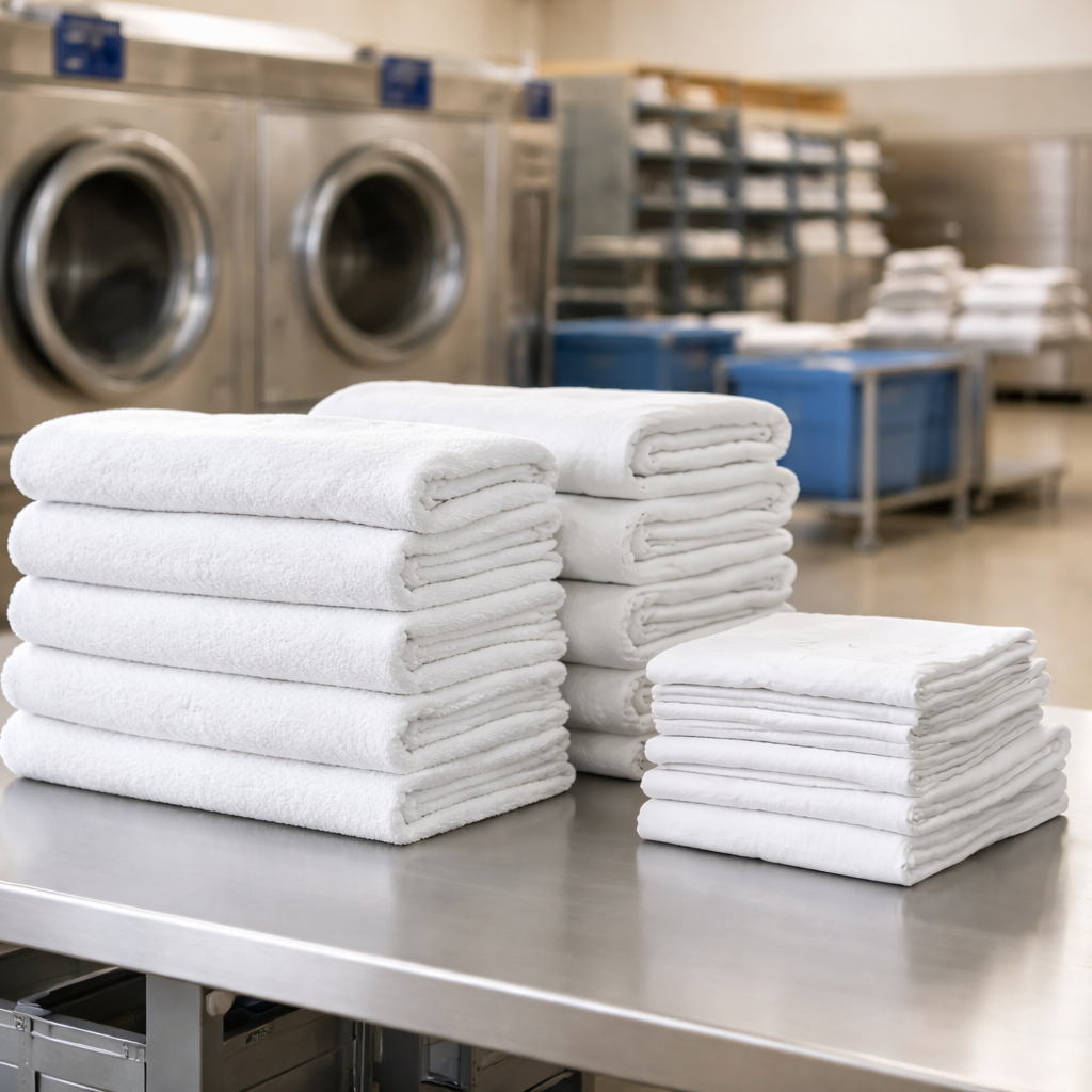 Neatly folded towels and linens stacked in a professional commercial laundry facility
