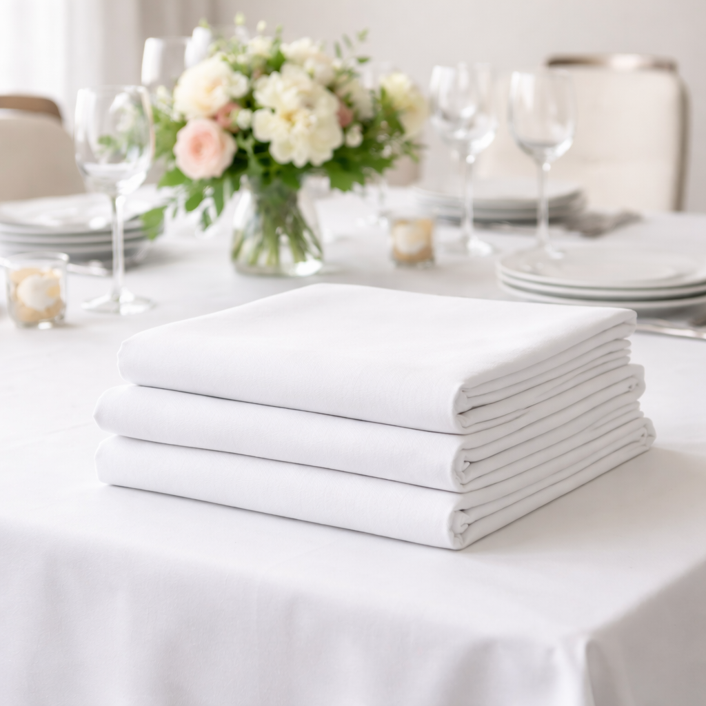 Neatly folded white tablecloths stacked on a dining table for professional tablecloth laundry service