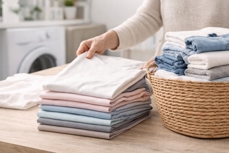 Laundry being folded and organized during a wash and fold laundry service
