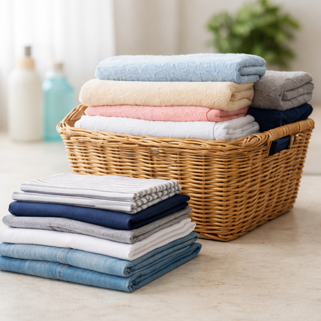 Neatly folded clothes and towels stacked in a laundry basket for wash and fold laundry service