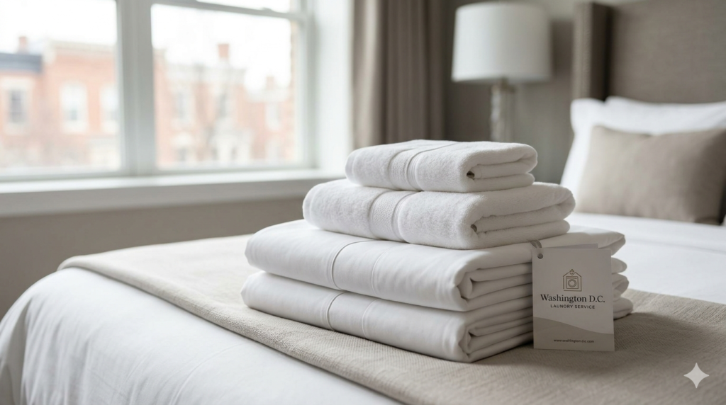 Neatly stacked white hotel-quality towels and linens prepared for an Airbnb guest in a Washington DC rental.
