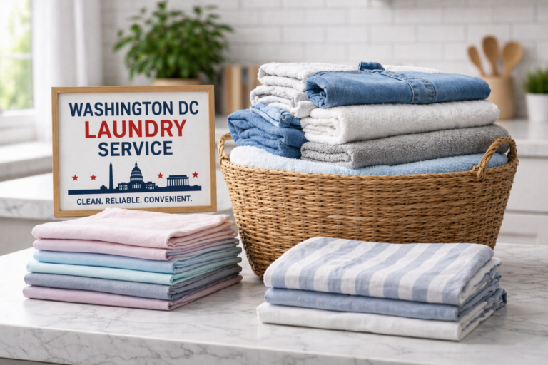 Neatly folded clothes and towels prepared by Washington DC Laundry Service.