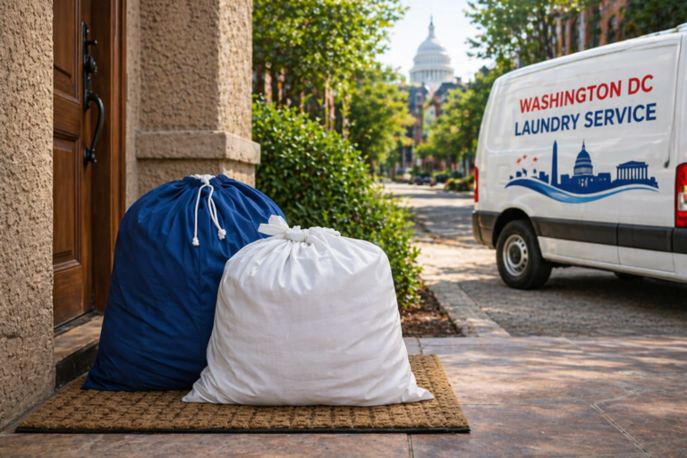 Clean laundry bags delivered to a NYC home by a local laundry service
